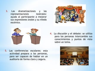 3. Las dramatizaciones y las
representaciones teatrales:
ayuda al participante a mejorar
sus expresiones orales y su miedo
escénico.
4. La discusión y el debate: se utiliza
para las personas intercambie sus
conocimientos y puntos de vista
sobre un tema.
5. Las conferencias escolares: esta
actividad prepara a las personas,
para ser capaces de hablar en un
auditorio de forma clara y segura.
 