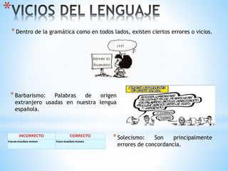 *
*Dentro de la gramática como en todos lados, existen ciertos errores o vicios.
*Barbarismo: Palabras de origen
extranjero usadas en nuestra lengua
española.
*Solecismo: Son principalmente
errores de concordancia.
 