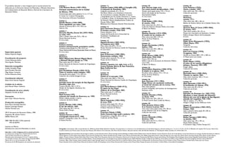 LÁMINA 1
Lola Álvarez Bravo (1907-1993),
Anarquía arquitectónica de la Ciudad
de México, 1950.
Fotomontaje, plata sobre gelatina, 21.4 x 17.7 cm.
© Center for Creative Photography,
The University of Arizona Foundation.
LÁMINA 2
Adolfo Riestra (1944-1989),
Torso esgrafiado con niños, 1989.
Vaciado en bronce, 85.5 x 55 x 30.5 cm.
Galería OMR.
LÁMINA 3
Gerardo Murillo, Doctor Atl (1875-1964),
La nube, 1931.
Óleo y atlcolor sobre tela, 76.9 x 100 cm.
Museo Nacional de Arte.
© CNCA-INBA.
LÁMINA 4
Cultura mexica,
brasero antropomorfo, postclásico tardío.
Cerámica policromada, 91 x 76 x 57.5 cm.
Museo Nacional delVirreinato,Tepotzotlán,Estado de México.
© CNCA-INAH.
LÁMINA 5
Anónimo,
Niños Miguel José, Manuel Miguel María
y Mariana Micaela Josefa, ca. 1756.
Óleo sobre tela, 97 x 130 cm.
Museo Nacional de Historia, Castillo de Chapultepec.
© CNCA-INAH.
LÁMINA 6
José Guadalupe Posada (1852-1913),
Todos se mueven, todos trabajan, 1903.
Zincografía sobre papel, 11.4 x 18.5 cm.
Colección de la familia Vanegas Arroyo.
LÁMINA 7
Anónimo,
portada norte del templo de San Agustín
(detalle), siglo XVII.
Cantera labrada, 3.60 x 3.10 m.
Templo de San Agustín, Zacatecas, Zac.
© CNCA-INAH.
LÁMINA 8
Raúl Corona (19?),
máscara del estado de Guerrero, ca. 1995.
Madera tallada, pintada y cuerno.
Colección de Adrián Bodek.
LÁMINA 9
Carlos Mérida (1891-1984),
El ojo del adivino, 1965.
Óleo sobre tela, 90 x 105 cm.
Museo Rufino Tamayo.
LÁMINA 10
Tatiana Parcero (1967),
Cartografía interior # 31, 1996.
Acetato y fotografía a color, 76 x 105 cm.
© Tatiana Parcero.
LÁMINA 11
Casimiro Castro (1826-1889) y J.Campillo (18?),
La plazuela de Guardiola, 1862.
Litografía acuareleada, 25 x 33 cm.
Del álbum México y sus alrededores (Colección
de monumentos y paisajes dibujados al natural
y litografiados por los artistas mexicanos C. Castro,
J. Campillo, L.Auda y G. Rodríguez, bajo la dirección
de Decaen), México, Establecimiento Gráfico de
Decaen, Editor, 1862.
Biblioteca Arte Mexicano Ricardo Pérez Escamilla.
LÁMINA 12
José Clemente Orozco (1883-1949),
El hombre creador, 1936-1939.
Fresco, diámetro 13 m.
Cúpula del Paraninfo de la Universidad de
Guadalajara, Guadalajara, Jal.
© CNCA-INBA.
LÁMINA 13
Agustín Arrieta (1802-1874),
La Sorpreza (sic), 1850.
Óleo sobre tela, 69.5 x 93 cm.
Museo Nacional de Historia, Castillo de Chapultepec.
© CNCA-INAH.
LÁMINA 14
Juan O'Gorman (1905-1982),
Autorretrato múltiple, 1950.
Temple sobre masonite, 73 x 57 cm.
Museo de Arte Moderno.
LÁMINA 15
Pintura rupestre (ca. siglo VI-III. a. C.),
Cueva Pintada, Sierra de San Francisco,
Baja California Sur.
© CNCA-INAH.
LÁMINA 16
Anónimo,
Puesto en el mercado, 1766.
Óleo sobre tela, 248.5 x 195.5 cm.
Museo Nacional de Historia, Castillo de Chapultepec.
© CNCA-INAH.
LÁMINA 17
José María Velasco (1840-1912),
El cabrío de San Ángel
(Fábrica de la Hormiga), 1863.
Óleo sobre tela, 71 x 93.3 cm.
Museo Nacional de Arte.
© CNCA-INBA.
LÁMINA 18
María Izquierdo (1902-1955),
El circo, 1939.
Gouache sobre papel, 40 x 49 cm.
Fomento Cultural Banamex,A.C.
© Banco Nacional de México.
LÁMINA 19
Francisco Toledo (1940),
Doña Caracola llega tarde a palacio, 1991.
Fotograbado y xilografía, 39.5 x 55 cm.
Colección de Elva Macías.
LÁMINA 20
Juan Gerson (siglo XVI),
Los cuatro jinetes del Apocalipsis , 1562.
Temple sobre papel amate, 170 x 110 cm.
Socoro del templo de San Francisco,
Tecamachalco, Puebla.
© CNCA-INAH.
LÁMINA 21
Frida Kahlo (1907-1954),
El camión, 1929.
Óleo sobre tela, 26 x 55.5 cm.
Colección Dolores Olmedo Patiño, CNCA-INBA.
© Banco de México.
LÁMINA 22
Mathias Goeritz (1915-1990),
El cuadro de los cuadros, s/f.
Óleo sobre tela, 200 x 275 cm.
Museo de Arte Moderno.
CNCA-INBA.
LÁMINA 23
Sergio Hernández (1957),
Sabino, 1996.
Óleo sobre tela, 320 x 280 cm.
Colección particular.
LÁMINA 24
Diego Rivera (1886-1957),
Santa Anita, 1923-1928.
Fresco, 449 x 353 cm.
Edificio sede de la Secretaría de Educación Pública,
CNCA-INBA.
© Banco de México.
LÁMINA 25
David Alfaro Siqueiros (1896-1974),
El diablo en la iglesia, 1947.
Piroxilina sobre celotex, 214 x 153 cm.
Museo de Arte Moderno.
© CNCA-INBA.
LÁMINA 26
Juan Guzmán (1911-1982),
Diego Rivera con ayudantes realizando
el mural del cárcamo del río Lerma, 1952.
Plata sobre gelatina.
Archivo Fotográfico del Instituto de Investigaciones
Estéticas, UNAM.
LÁMINA 27
Rodolfo Morales (1925),
La fiesta, 1979.
Óleo sobre tela, 195 x 392 cm.
© Hotel Camino Real, Ciudad de México.
LÁMINA 28
Félix Jiménez Chino (19?),
Si se levanta la presa, 1991.
Tinta china sobre papel amate, 39 x 58 cm.
Grupo Editorial Casa de las Imágenes.
Colección del artista.
LÁMINA 29
Arturo Elizondo (1956),
América, 1996.
Óleo sobre tela, 91.5 x 152.5 cm.
Colección particular.
LÁMINA 30
Irma Palacios (1943),
Viento y piedra, 1992.
Óleo sobre tela, 150 x 200 cm.
Colección particular.
LÁMINA 31
Anónimo,
exvoto, 1711.
Óleo sobre tela, 108 x 166 cm.
Basílica de Nuestra Señora de la Soledad, Oaxaca, Oax.
LÁMINA 32
Antonio Ruiz, El Corzo (1895-1964),
El verano, 1937.
Óleo sobre madera, 28 x 35 cm.
Museo de la Secretaría de Hacienda y Crédito
Público,Antiguo Palacio del Arzobispado.
© SHCP.
LÁMINA 33
Pablo Ortiz Monasterio (1952),
Hikuri Neyra, 1992.
Fotografía.
Colección del artista.
LÁMINA 34
José Luis Cuevas (1934),
La giganta, 1992.
Vaciado en bronce, 800 x 391 x 300 cm.
© Museo José Luis Cuevas.
LÁMINA 35
Pedro Meyer (1935),
El señor de los cuentos (Magdalena
Jaltepec, Oaxaca), 1991-1992.
Imagen digital.
Colección del artista.
LÁMINA 36
Remedios Varo (1908-1963),
Tránsito en espiral, 1962.
Óleo sobre masonite, 100 x 115 cm.
Colección particular.
LÁMINA 37
Abel Quezada (1920-1991),
El bombardeo de Odessa, 1976.
Óleo sobre tela, 40 x 50 cm.
Colección particular.
LÁMINA 38
Salvador de Ocampo (ca. 1665-1732),
Abraham e Isaac (pasaje del Génesis).
Sillería del coro de la iglesia de San Agustín
(detalle del respaldo), 1701-1702.
Talla en madera, 117 x 90 cm.
Antiguo Colegio de San Ildefonso, UNAM.
LÁMINA 39
Miguel Covarrubias (1904-1957),
Ensayo, 1926.
Lápiz y gouache sobre papel, 40 x 80 cm.
Colección particular.
LÁMINA 40
Rufino Tamayo (1899-1991),
La familia, 1987.
Óleo sobre tela, 135 x 195 cm.
Museo Rufino Tamayo.
© Fundación Olga y Rufino Tamayo,A.C.
El portafolios Aprender a mirar. Imágenes para la escuela primaria fue
elaborado por la Dirección General de Materiales y Métodos Educativos,
de la Subsecretaría de Educación Básica y Normal de la Secretaría de
Educación Pública.
Supervisión general
Rebeca Reynoso Angulo
Coordinación del proyecto
Carlos Villanueva Avilez
Nora Aguilar Mendoza
Selección iconográfica
Imelda González Pliego
Jesús Paredes Martínez
Olga Salazar Camacho
Carlos Villanueva Avilez
Coordinación editorial
Elena Ortiz Hernán Pupareli
Cuidado de la edición
José Manuel Mateo Calderón
Coordinación de arte y diseño
Alejandro Portilla de Buen
Formación
Julio César Olivares Ramírez
Producción iconográfica
Rosa María González Ramírez
Raquel Casariego Vázquez
Martha Miranda Lara
DR © Secretaría de Educación Pública, 1998
Argentina 28, colonia Centro,
06020, México, D.F.
ISBN 968-18-2182-3 (Obra general)
970-18-2039-8
Impreso en México
DISTRIBUCIÓN GRATUITA-PROHIBIDA SU VENTA
Aprender a mirar. Imágenes para la escuela primaria
se imprimió por encargo de la Comisión Nacional de los
Libros de Texto Gratuitos en los talleres de
Reproducciones Fotomecánicas S.A. de C.V. (planta Avena),
con domicilio en Avena 102, colonia Granjas Esmaralda 09810,
México, D.F., en el mes de diciembre de 1998.
El tiraje fue de 65 500 ejemplares más sobrantes de reposición.
Fotografía: Carlos Alcázar (30), Lourdes Almeida (31, 38/sillería),Adrián Bodek (8),André Cabrolier (15), Jorge Vértiz (11), Francisco Cruz (3), Rafael Doniz (9, 18), Gabriel Figueroa y Ricardo Garibay (4 a 7, 14, 16, 17, 19, 24 a 27, 34, 37, 38/detalle del respaldo, 39), Francisco Gilardi (22),
Cuauhtli Gutiérrez (2), Maritza López (32), Juan José Márquez (29), Roberto Ortiz Giacomán (23), Marco Antonio Pacheco (36), Jesús Sánchez Uribe (28, 40), Bob Shalkwijk (12, 20),Alejandro Vallejo González (21), Michel Zabé (13).
Agradecimientos: Juana Inés Abreu, Enrique Aguirre Saldívar, Lourdes Almeida, Héctor Álvarez Santiago, Dolores Béistegui de Robles,Adrián Bodek,André Cabrolier, Rafael A. Cauduro Alcántara,Teresa del Conde, Bertha Cuevas, Ruth Deutsch de Lechuga, Cándida Fernández de Calderón,
Gabriel Figueroa, Cristina Gálvez Guzzi,Alberto García, Ricardo Garibay,Víctor Manuel González Romero,Walter Gruen, Patricia Hernández, Elena Horz Balbas, Jorge Juárez, Ramón López Quiroga,Ana Luisa Luque, Elva Macías, Ramiro Martínez Estrada, Pedro Meyer, Carolina Mijares,
Ingebor Montero, Dolores Olmedo Patiño, Edna María Orozco, Pablo Ortiz Monasterio, Patricia Ortiz Monasterio, Mauricio de la Paz, Juan Carlos Pereda, José Abel Ramos Soriano, Jaime Riestra, Lilia Rodríguez, Rosa Rodríguez, Norma Rojas Delgadillo,Yolanda Rueda de Quezada,
Guillermo Sepúlveda, Graciela de la Torre de Reyes Retana, Arsacio Vanegas Arroyo, Irma Vanegas Arroyo, Joaquina Vanegas Arroyo, Hellen Watzstein,Antiguo Colegio de San Ildefonso (UNAM), Banco de México, Grupo Editorial Casa de las Imágenes, Fomento Cultural Banamex,
Fundación Olga y Rufino Tamayo, Galería Quetzali, Galería López Quiroga, Galería OMR, Hotel Camino Real de la Ciudad de México, Museo de Arte Contemporáneo de Monterrey, Museo de Arte Moderno (INBA), Museo Dolores Olmedo Patiño, Museo José Luis Cuevas,
Museo Nacional de Arte (INBA), Museo Nacional de Historia, Castillo de Chapultepec (INAH), Museo Nacional del Virreinato (INAH), Museo Rufino Tamayo, Secretaría de Hacienda y Crédito Público, Universidad de Guadalajara.
 