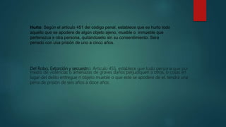 Hurto: Según el articulo 451 del código penal, establece que es hurto todo
aquello que se apodere de algún objeto ajeno, mueble o inmueble que
pertenezca a otra persona, quitándoselo sin su consentimiento. Sera
penado con una prisión de uno a cinco años.
Del Robo, Extorción y secuestro: Articulo 455, establece que todo persona que por
medio de violencias o amenazas de graves daños perjudiquen a otros, o cosas en
lugar del delito entregue n objeto mueble o que este se apodere de el, tendrá una
pena de prisión de seis años a doce años.
 
