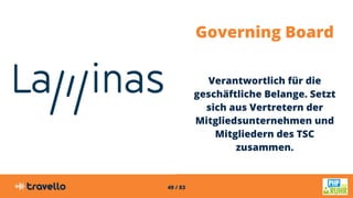 49 / 83
Governing Board
Verantwortlich für die
geschäftliche Belange. Setzt
sich aus Vertretern der
Mitgliedsunternehmen und
Mitgliedern des TSC
zusammen.
 