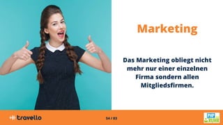 54 / 83
Marketing
Das Marketing obliegt nicht
mehr nur einer einzelnen
Firma sondern allen
Mitgliedsfirmen.
 