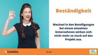55 / 83
Beständigkeit
Wechsel in den Beteiligungen
bei einem einzelnen
Unternehmen wirken sich
nicht mehr so stark auf das
Projekt aus.
 