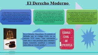 En el Derecho Venezolano: El contrato es
definido por el Código Civil, en su
articulo 1133 como, “una convención
entre dos o más personas para constituir,
reglar, transmitir, modificar o extinguir
entre ellas un vínculo jurídico”.
La Edad Moderna se caracteriza por el predominio de la
actividad compiladora sobre el derecho consuetudinario y
como consecuencia, del derecho escrito sobre el no escrito.
Las recopilaciones suelen tener carácter oficial y las
distingue, como nota especial que los materiales que las
integran conservan su fisonomía particular de acuerdo con
la época en que fueron dictados.
Lo que determina que se produzca textos sin informidad.
En Francia y Alemania la labor legislativa es escasa e
intrascendente. Las ordenanzas francesas de Colbert del
siglo XVIII, se refieren principalmente al procedimiento
civil y criminal. Alemania fue aún más pobre en el terreno
legislativo la labor de los juristas germanos se dirigió más
bien a la exposición y transformación del derecho para el
uso práctico inmediato.
Con notable influencia de los post glosadores y en especial
en Bartolo y Baldo. Fue fundamentalmente, una labor
jurisprudencial que combina elementos romanos y
germánicos para crear el llamado usus modernus
pandectarum que aparece formando totalmente en la mitad
del siglo XVIII. Francia y Alemania se distinguían, por la
labor doctrinal realizada en este periodo.
 