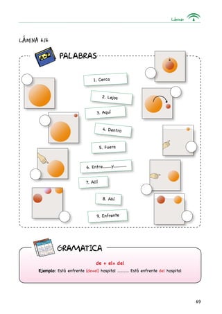 Láminas
69
GRAMaTICA
de + el= del
Ejemplo: Está enfrente (de+el) hospital ......... Está enfrente del hospital
Lámina 6.16
		 Palabras
1. Cerca
2. Lejos
3. Aquí
4. Dentro
5. Fuera
7. Allí
6. Entre.........y.............
8. Ahí
9. Enfrente
 