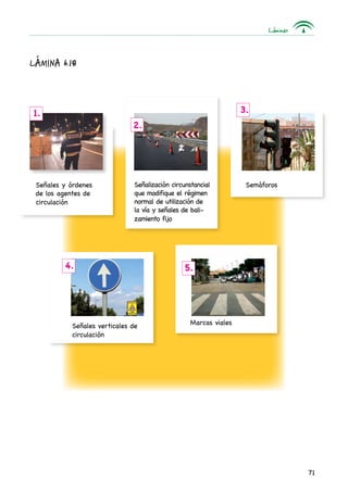Láminas
71
Lámina 6.18
Señales y órdenes
de los agentes de
circulación
Señalización circunstancial
que modifique el régimen
normal de utilización de
la vía y señales de bali-
zamiento fijo
Semáforos
1.
2.
3.
4. 5.
Señales verticales de
circulación
Marcas viales
 