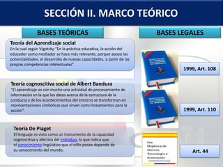SECCIÓN II. MARCO TEÓRICOBASES LEGALESBASES TEÓRICASSECCIÓN II. MARCO TEÓRICO
BASES TEÓRICAS BASES LEGALES
1999, Art. 108
1999, Art. 110
Art. 44
Teoría del Aprendizaje social
En la cual según Vigotsky “En la práctica educativa, la acción del
educador como mediador se hace más relevante, porque apoya las
potencialidades, el desarrollo de nuevas capacidades, a partir de las
propias competencias intelectuales”.
Teoría cognoscitiva social de Albert Bandura
“El aprendizaje es con mucho una actividad de procesamiento de
información en la que los datos acerca de la estructura de la
conducta y de los acontecimientos del entorno se transforman en
representaciones simbólicas que sirven como lineamientos para la
acción”.
Teoría De Piaget
El lenguaje es visto como un instrumento de la capacidad
cognoscitiva y afectiva del individuo, lo que indica que
el conocimiento lingüístico que el niño posee depende de
su conocimiento del mundo.
 