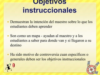 Objetivos instruccionalesDemuestran la intención del maestro sobre lo que los estudiantes deben aprenderSon como un mapa - ayudan al maestro y a los estudiantes a saber para donde van y si llegaron a su destinoHa sido motivo de controversia cuan específicos o generales deben ser los objetivos instruccionales