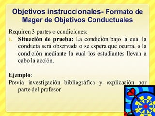 Objetivos instruccionales- Formato de Mager de Objetivos ConductualesRequiren 3 partes o condiciones:Situación de prueba: La condición bajo la cual la conducta será observada o se espera que ocurra, o la condición mediante la cual los estudiantes llevan a cabo la acción.Ejemplo:  Previa investigación bibliográfica y explicación por parte del profesor