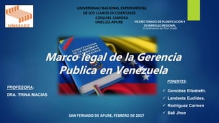 UNIVERSIDAD NACIONAL EXPERIMENTAL
DE LOS LLANOS OCCIDENTALES
EZEQUIEL ZAMORA
UNELLEZ-APURE
PROFESORA:
DRA. TRINA MACIAS
SAN FERNADO DE APURE, FEBRERO DE 2017
Marco legal de la Gerencia
Publica en Venezuela
VICERECTORADO DE PLANIFICACIÓN Y
DESARROLLO REGIONAL
Coordinación de Post-Grado
PONENTES:
 González Elizabeth.
 Landaeta Euclides.
 Rodríguez Carmen
 Bali Jhon
 