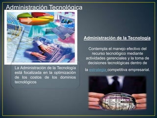 Administración Tecnológica



                                        Administración de la Tecnología

                                         Contempla el manejo efectivo del
                                            recurso tecnológico mediante
                                        actividades gerenciales y la toma de
                                         decisiones tecnológicas dentro de
   La Administración de la Tecnología   la estrategia competitiva empresarial.
   está focalizada en la optimización
   de los costos de los dominios
   tecnológicos
 