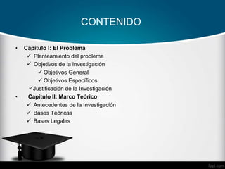 CONTENIDO
• Capítulo I: El Problema
 Planteamiento del problema
 Objetivos de la investigación
 Objetivos General
 Objetivos Específicos
Justificación de la Investigación
• Capítulo II: Marco Teórico
 Antecedentes de la Investigación
 Bases Teóricas
 Bases Legales
 