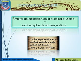 Abogada Cristina VirguezMaestría en Ciencias Penales y Criminológicas
Ámbitos de aplicación de la psicología jurídica
y
los conceptos de actores jurídicos.
 