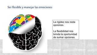 Ser flexibley manejar las emociones
38 La rigidez nos resta
opciones.
La flexibilidad nos
brinda la oportunidad
de sumar opciones.
 