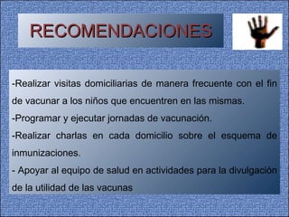 RECOMENDACIONES -Realizar visitas domiciliarias de manera frecuente con el fin de vacunar a los niños que encuentren en las mismas. -Programar y ejecutar jornadas de vacunación. -Realizar charlas en cada domicilio sobre el esquema de inmunizaciones. - Apoyar al equipo de salud en actividades para la divulgación de la utilidad de las vacunas 