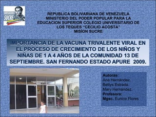 REPUBLICA BOLIVARIANA DE VENEZUELA MINISTERIO DEL PODER POPULAR PARA LA EDUCACION SUPERIOR COLEGIO UNIVERSITARIO DE LOS TEQUES “CECILIO ACOSTA” MISÍON SUCRE Autoras: Ana Hernández. Bettys Estrada. Mary Hernández. Profesora: Mgsc.  Eunice Flores 