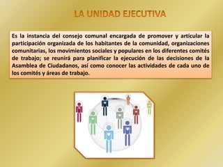 Es la instancia del consejo comunal encargada de promover y articular la
participación organizada de los habitantes de la comunidad, organizaciones
comunitarias, los movimientos sociales y populares en los diferentes comités
de trabajo; se reunirá para planificar la ejecución de las decisiones de la
Asamblea de Ciudadanos, así como conocer las actividades de cada uno de
los comités y áreas de trabajo.
 