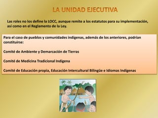 Las roles no los define la LOCC, aunque remite a los estatutos para su implementación,
así como en el Reglamento de la Ley.
Para el caso de pueblos y comunidades indígenas, además de los anteriores, podrían
constituirse:
Comité de Ambiente y Demarcación de Tierras
Comité de Medicina Tradicional Indígena
Comité de Educación propia, Educación Intercultural Bilingüe e Idiomas Indígenas
 