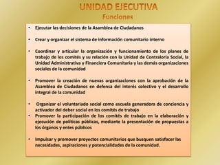 • Ejecutar las decisiones de la Asamblea de Ciudadanos
• Crear y organizar el sistema de información comunitario interno
• Coordinar y articular la organización y funcionamiento de los planes de
trabajo de los comités y su relación con la Unidad de Contraloría Social, la
Unidad Administrativa y Financiera Comunitaria y las demás organizaciones
sociales de la comunidad
• Promover la creación de nuevas organizaciones con la aprobación de la
Asamblea de Ciudadanos en defensa del interés colectivo y el desarrollo
integral de la comunidad
• Organizar el voluntariado social como escuela generadora de conciencia y
activador del deber social en los comités de trabajo
• Promover la participación de los comités de trabajo en la elaboración y
ejecución de políticas públicas, mediante la presentación de propuestas a
los órganos y entes públicos
• Impulsar y promover proyectos comunitarios que busquen satisfacer las
necesidades, aspiraciones y potencialidades de la comunidad.
 