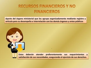 .
Aparte del órgano ministerial que los agrupa organizadamente mediante registro y
articula para su desempeño e interrelación con los demás órganos y entes públicos
Estos deberán atender preferentemente sus requerimientos y
satisfacción de sus necesidades, asegurando el ejercicio de sus derechos.
 