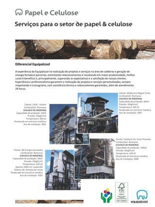 Diferencial Equipalcool
A experiência da Equipalcool na realização de projetos e serviços na área de caldeiras e geração de
energia fortalece parcerias, estreitando relacionamentos e resultando em maior produtividade, melhor
custo X benefício e, principalmente, superando as expectativas e a satisfação de nossos clientes.
Experiência e profissionalismo garantem a realização de projetos e serviços personalizados, sempre
respeitando o cronograma, com assistência técnica e sobressalentes garantidos, além de atendimento
24 horas.
Cliente: CGDE - Piratini
Combustível: Biomassa
(CAVACO DE MADEIRA)
Capacidade de produção: 50t/h
Pressão: 42kgf/cm2
Temperatura: 420 oC
Pendurada em estrutura metálica
Ano de instalação: 2001
Cliente: BK Energia Itacoatiara
Combustível: Biomassa
(CAVACO DE MADEIRA)
Capacidade de produção: 50t/h
Pressão: 42kgf/cm2
Temperatura: 420 oC
Queima 100% em suspensão
Sistema de remoção de cinzas
Pendurada em estrutura metálica
Ano de instalação: 2002
Cliente: Madeireira Miguel Forte
Combustível: Biomassa
(CAVACO DE MADEIRA)
Capacidade de produção: 60t/h
Pressão: 42kgf/cm2
Temperatura: 420 oC
Pendurada em estrutura metálica
Ano de instalação: 1997
Cliente: Cambará S.A. Prod. Florestal
Combustível: Biomassa
(CAVACO DE MADEIRA)
Capacidade de produção: 100t/h
Pressão: 42kgf/cm2
Temperatura: 420 oC
Pendurada em estrutura metálica
Ano de instalação: 2000
 