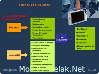 Moises.Cielak.Net
ÉTICA DE LA PUBLICIDAD
Nuevas funciones
de los medios
Uso ritual
Uso
instrumental
Uso social
• Entretenimiento y
compañía
• Hábito y rutina
• Relajación y evasión
• Escape del aburrimiento
• Escape del trabajo y
obligaciones
• Conveniencia
• Exploración de la realidad
• Búsqueda de consejo
• Identificación con
personajes
• Tema de conversación
• Diversión con otros
• Integración social y
pertenencia
• Superación de la soledad
• Elevar el espíritu
• Situar en perspectiva
• Excitación
• Afinidad
• Implicación
• Realismo
• Contenido
• Muestra estilos de
vida
 