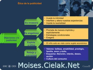 Moises.Cielak.Net
Ética de la publicidad
Objeciones a la
publicidad
Es invasora
Es engañosa
Explota
a niños
Rebaja y
corrompe
• Invade la intimidad
• Interfiere y altera nuestras experiencias
• Impide la neutralidad
• Promete de manera implícita y
explícitamente
• Estrategias condicionales
• Exagera
• El niño solo es visto como sujeto económico
• Valores: belleza, amabilidad, prestigio,
familia, amor y éxito.
• Esquema: Atención, interés, deseo,
acción
• Cultura del consumo
 