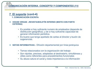 COMUNICACIÓN INTERNA. CONCEPTO Y COMPONENTES (11)
7 El soporte (cont-4)
1. COMUNICACIÓN ESCRITA
 HOUSE ORGAN .-REVISTA/BOLETÍN INTERNO (MIXTO CON PARTE
EXTERNA)
• Es posible si hay suficiente numero de empleados (depende de
distribución geográfica), y de si hay suficiente capacidad de
generar información periódica.
• Es bueno que tenga apartado de cartas al director y buzón de
sugerencias.
 NOTAS INFORMATIVAS.- Difusión departamental por línea jerárquica
• Temas relacionados con la organización del trabajo
• Son rápidas, precisas, adaptadas al destinatario, simultáneas y
útiles como referentes para procedimientos funcionales
• Su abuso satura el canal y resta importancia a la información
Prof. : Antonio Ruiz Va. IDEC. Barcelona154
 