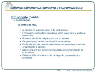 COMUNICACIÓN INTERNA. CONCEPTO Y COMPONENTES (15)
7 El soporte (cont-8)
3. SUGERENCIAS
·EL BUZÓN DE IDEA
• A colocar en lugar de paso o de fácil acceso.
• Formularios disponibles con datos sobre la persona y la idea a
desarrollar.
• Potencia el interés del personal por su trabajo.
• De gran ayuda en la comunicación ascendente.
• Facilita la introducción de mejoras en procesos de producción,
organización o gestión.
• Debe ser parte del sistema normalizado de comunicación de
la empresa.
• Debe ser difundido el nombre de la gente que colabora y
premiada.
Prof. : Antonio Ruiz Va. IDEC. Barcelona158
 