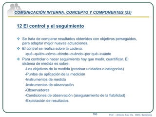COMUNICACIÓN INTERNA. CONCEPTO Y COMPONENTES (23)
12 El control y el seguimiento
 Se trata de comparar resultados obtenidos con objetivos perseguidos,
para adaptar mejor nuevas actuaciones.
 El control se realiza sobre la cadena:
-qué--quién--cómo--dónde--cuándo--por qué--cuánto
 Para controlar o hacer seguimiento hay que medir, cuantificar. El
sistema de medida es sobre:
-Los objetivos de la medida (precisar unidades o categorías)
-Puntos de aplicación de la medición
-Instrumentos de medida
-Instrumentos de observación
-Observadores
-Condiciones de observación (aseguramiento de la fiabilidad)
-Explotación de resultados
Prof. : Antonio Ruiz Va. IDEC. Barcelona166
 