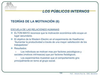 LOS PÚBLICOS INTERNOS
TEORÍAS DE LA MOTIVACIÓN (6)
ESCUELA DE LAS RELACIONES HUMANAS
 ELTON MAYO reconoce que la motivación económica sólo ocupa un
lugar secundario.
 El objetivo de la Western Electric en el experimento de Hawthorne:
“Aumentar la productividad a través de una mayor satisfacción de los
trabajadores”
 Resultados:
- Los individuos se motivan mas por factores psicológicos y
sociales (motivos intrínsecos) que por factores fisiológicos.
- Los experimentos muestran que el comportamiento gira
principalmente en torno al grupo social.
Prof. : Antonio Ruiz Va. IDEC. Barcelona184
 