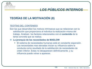 LOS PÚBLICOS INTERNOS
TEORÍAS DE LA MOTIVACIÓN (8)
TEOTÍAS DEL CONTENIDO
Son las que desarrollan los motivos intrínsecos que se relacionan con la
satisfacción que proporciona al individuo la realización misma del
trabajo. Analizan los factores relacionados con el contenido de la
tarea concreta que se realiza.
 La jerarquía de las necesidades de MASLOW
 El sistema de necesidades humanas está en constante expansión.
Las necesidades mas elevadas inician su influencia sobre la
conducta como resultado de la satisfacción de necesidades de
orden inferior. Estas no desaparecen definitivamente, y su
influencia puede volver a aparecer.
Prof. : Antonio Ruiz Va. IDEC. Barcelona186
 