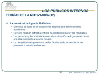 LOS PÚBLICOS INTERNOS
TEORÍAS DE LA MOTIVACIÓN(12)
 La necesidad de logro de McClelland
 El motivo de logro es el fundamental responsable del crecimiento
económico
 Hay una relación estrecha entre la necesidad de logro y los resultados
 Las personas y las sociedades con alta motivación de logro suelen tener
una alta inclinación a asumir riesgos.
 La necesidad de logro es una de las facetas de la tendencia de las
personas a la autorrealización.
Prof. : Antonio Ruiz Va. IDEC. Barcelona190
 