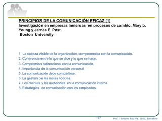 Prof. : Antonio Ruiz Va. IDEC. Barcelona197
PRINCIPIOS DE LA COMUNICACIÓN EFICAZ (1)
Investigación en empresas inmersas en procesos de cambio. Mary b.
Young y James E. Post.
Boston University
1 -La cabeza visible de la organización, comprometida con la comunicación.
2. Coherencia entre lo que se dice y lo que se hace.
3. Compromiso bidireccional con la comunicación.
4. Importancia de la comunicación personal
5. La comunicación debe compartirse.
6. La gestión de las malas noticias.
7. Los clientes y las audiencias en la comunicación interna.
8. Estrategias de comunicación con los empleados.
 