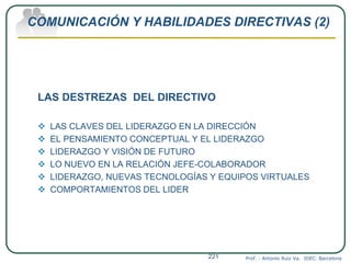 COMUNICACIÓN Y HABILIDADES DIRECTIVAS (2)
LAS DESTREZAS DEL DIRECTIVO
 LAS CLAVES DEL LIDERAZGO EN LA DIRECCIÓN
 EL PENSAMIENTO CONCEPTUAL Y EL LIDERAZGO
 LIDERAZGO Y VISIÓN DE FUTURO
 LO NUEVO EN LA RELACIÓN JEFE-COLABORADOR
 LIDERAZGO, NUEVAS TECNOLOGÍAS Y EQUIPOS VIRTUALES
 COMPORTAMIENTOS DEL LIDER
Prof. : Antonio Ruiz Va. IDEC. Barcelona221
 