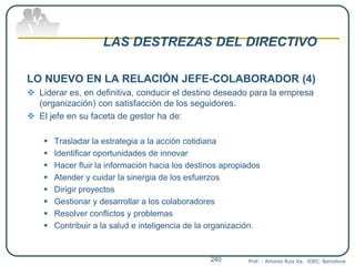 LAS DESTREZAS DEL DIRECTIVO
LO NUEVO EN LA RELACIÓN JEFE-COLABORADOR (4)
 Liderar es, en definitiva, conducir el destino deseado para la empresa
(organización) con satisfacción de los seguidores.
 El jefe en su faceta de gestor ha de:
 Trasladar la estrategia a la acción cotidiana
 Identificar oportunidades de innovar
 Hacer fluir la información hacia los destinos apropiados
 Atender y cuidar la sinergia de los esfuerzos
 Dirigir proyectos
 Gestionar y desarrollar a los colaboradores
 Resolver conflictos y problemas
 Contribuir a la salud e inteligencia de la organización.
Prof. : Antonio Ruiz Va. IDEC. Barcelona240
 