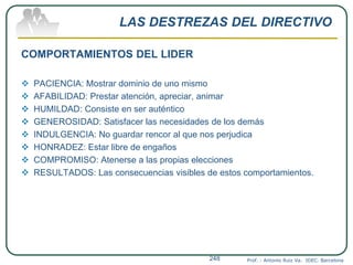 LAS DESTREZAS DEL DIRECTIVO
COMPORTAMIENTOS DEL LIDER
 PACIENCIA: Mostrar dominio de uno mismo
 AFABILIDAD: Prestar atención, apreciar, animar
 HUMILDAD: Consiste en ser auténtico
 GENEROSIDAD: Satisfacer las necesidades de los demás
 INDULGENCIA: No guardar rencor al que nos perjudica
 HONRADEZ: Estar libre de engaños
 COMPROMISO: Atenerse a las propias elecciones
 RESULTADOS: Las consecuencias visibles de estos comportamientos.
Prof. : Antonio Ruiz Va. IDEC. Barcelona248
 