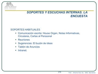 SOPORTES Y ESCUCHAS INTERNAS. LA
ENCUESTA
SOPORTES HABITUALES
 Comunicación escrita: House Organ, Notas Informativas,
Circulares, Cartas al Perssonal
 Reuniones
 Sugerencias: El buzón de ideas
 Tablón de Anuncios
 Intranet.
Prof. : Antonio Ruiz Va. IDEC. Barcelona276
 