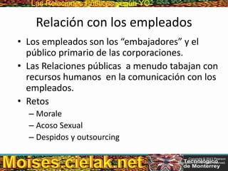 Las Relaciones PúblicasLas Relaciones Públicas según YO
Relación con los empleados
• Los empleados son los “embajadores” y el
público primario de las corporaciones.
• Las Relaciones públicas a menudo tabajan con
recursos humanos en la comunicación con los
empleados.
• Retos
– Morale
– Acoso Sexual
– Despidos y outsourcing
Copyright © 2013 Pearson
Education, Inc. All rights reserved.
 