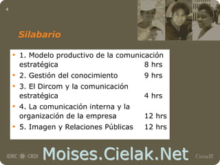 Moises.Cielak.Net
4
Silabario
• 1. Modelo productivo de la comunicación
estratégica 8 hrs
• 2. Gestión del conocimiento 9 hrs
• 3. El Dircom y la comunicación
estratégica 4 hrs
• 4. La comunicación interna y la
organización de la empresa 12 hrs
• 5. Imagen y Relaciones Públicas 12 hrs
 