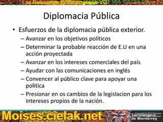 Las Relaciones PúblicasLas Relaciones Públicas según YO
Diplomacia Pública
• Esfuerzos de la diplomacia pública exterior.
– Avanzar en los objetivos políticos
– Determinar la probable reacción de E.U en una
acción proyectada
– Avanzar en los intereses comerciales del país
– Ayudar con las comunicaciones en inglés
– Convencer al público clave para apoyar una
politica
– Presionar en os cambios de la legislacion para los
intereses propios de la nación.
Copyright © 2013 Pearson
Education, Inc. All rights reserved.
 