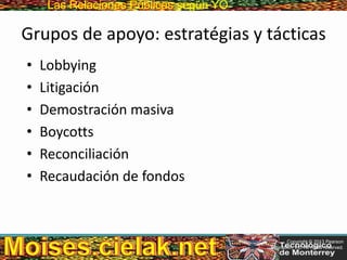 Las Relaciones PúblicasLas Relaciones Públicas según YO
Grupos de apoyo: estratégias y tácticas
• Lobbying
• Litigación
• Demostración masiva
• Boycotts
• Reconciliación
• Recaudación de fondos
Copyright © 2013 Pearson
Education, Inc. All rights reserved.
 