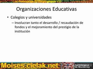 Las Relaciones PúblicasLas Relaciones Públicas según YO
Organizaciones Educativas
• Colegios y universidades
– Involucran tanto el desarrollo / recaudación de
fondos y el mejoramiento del prestigio de la
institución
Copyright © 2013 Pearson
Education, Inc. All rights reserved.
 