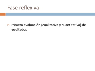 Fase reflexiva
 Primera evaluación (cualitativa y cuantitativa) de
resultados
 
