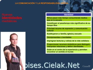 Moises.Cielak.Net
LA COMUNICACIÓN Y LA RESPONSABILIDAD SOCIAL
Nuevas
identidades
mediáticas
Identidad
Niños pasan más tiempo consumiendo medios
que en la escuela
Constituyen el pasatiempo más significativo de su
tiempo libre
Principal recurso de expresión y comunicación
cultural
Sustituyeron a: familia, iglesia y escuela
Omnipresentes e inevitables
Impregnan texturas y rutinas de la vida cotidiana
Proporcionan recursos simbólicos para distinguir,
interpretar relaciones y definir identidades
Están en el centro de la experiencia y permiten
encontrar un sentido al mundo
 