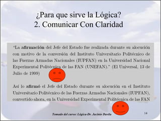 ¿Para que sirve la Lógica?
2. Comunicar Con Claridad




     Tomado del curso: Lógica-Dr. Jacinto Davila   14
 
