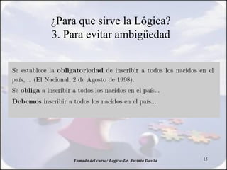 ¿Para que sirve la Lógica?
3. Para evitar ambigüedad




    Tomado del curso: Lógica-Dr. Jacinto Davila   15
 