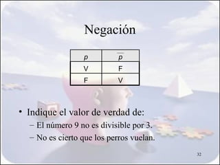 Negación
                  p         p
                 V          F
                 F          V



• Indique el valor de verdad de:
  – El número 9 no es divisible por 3.
  – No es cierto que los perros vuelan.
                                          32
 
