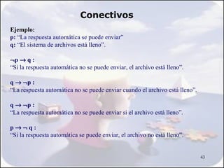 Conectivos
Ejemplo:
p: “La respuesta automática se puede enviar”
q: “El sistema de archivos está lleno”.

¬p → q :
“Si la respuesta automática no se puede enviar, el archivo está lleno”.

q → ¬p :
“La respuesta automática no se puede enviar cuando el archivo está lleno”.

q → ¬p :
“La respuesta automática no se puede enviar si el archivo está lleno”.

p→¬q:
“Si la respuesta automática se puede enviar, el archivo no está lleno”.


                                                                             43
 