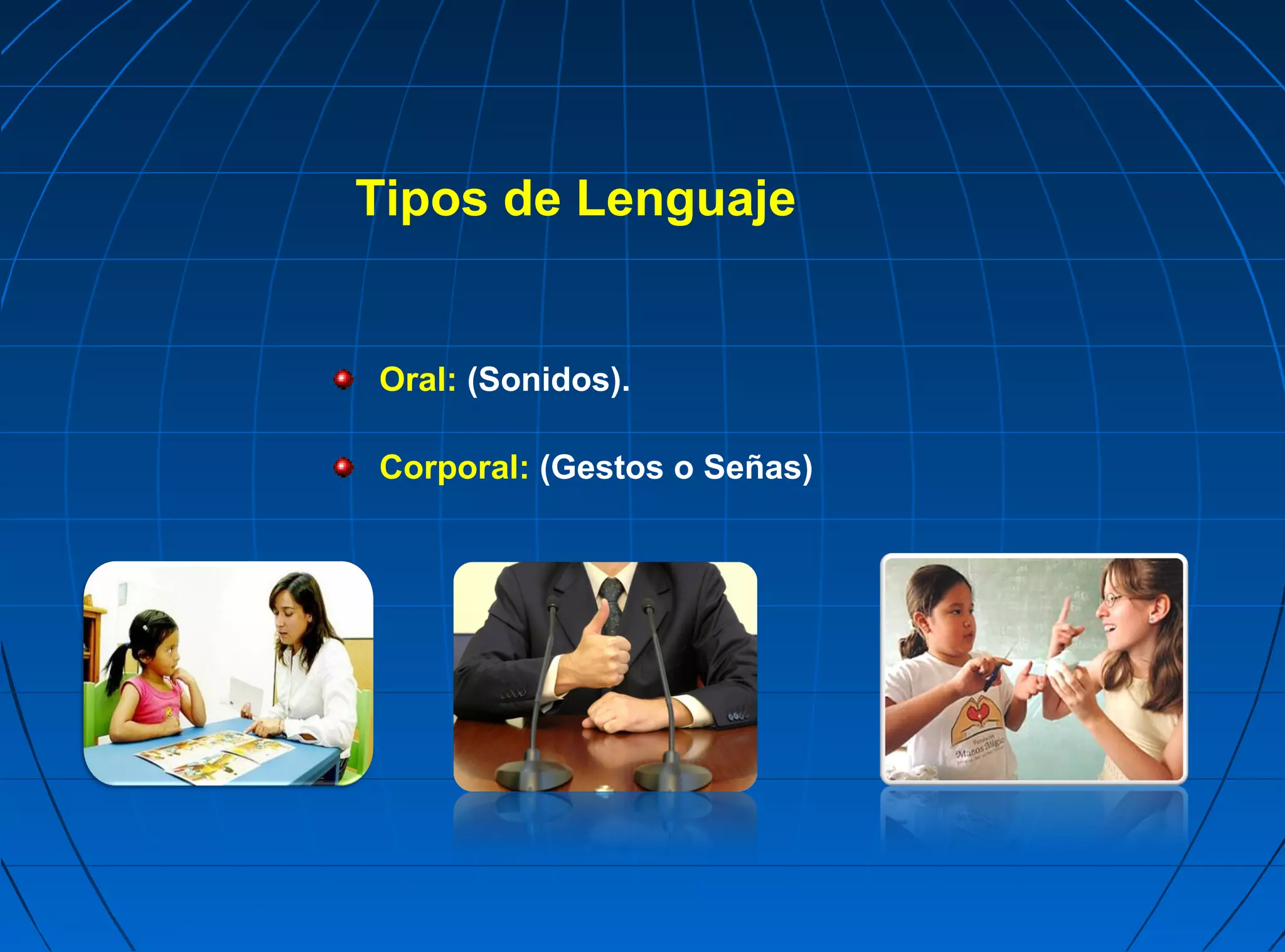Tipos de Lenguaje


Oral: (Sonidos).

Corporal: (Gestos o Señas)
 